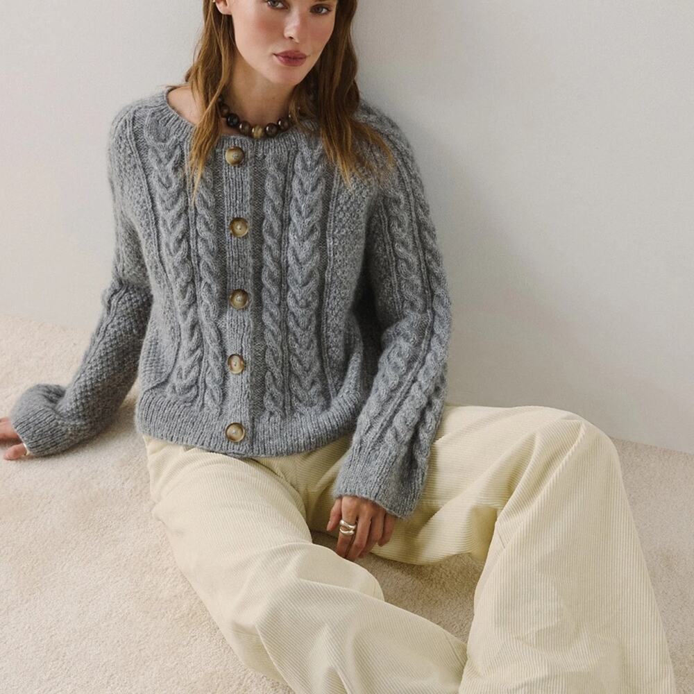 Vintage J.Crew 100% Wool Shetland Chunky Cable Knit Blue Boxy Sweater Cardigan L